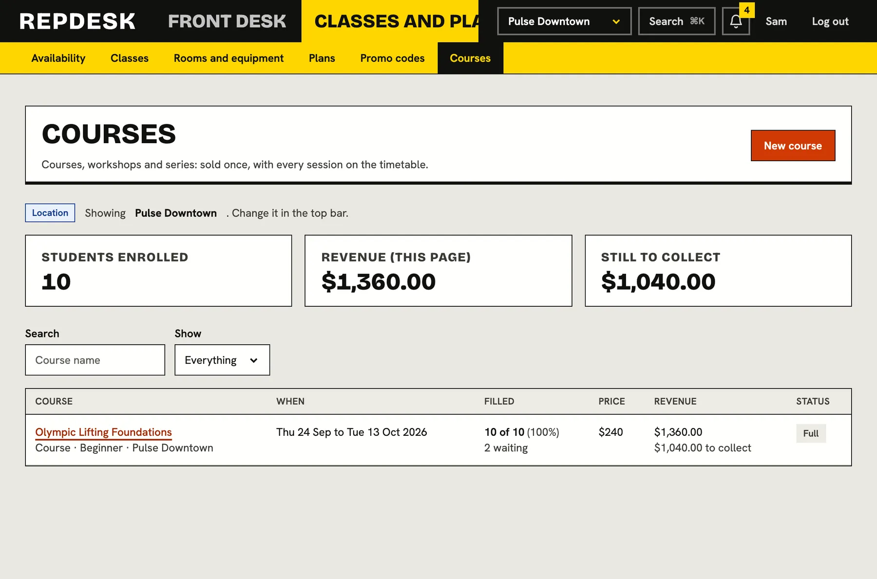 Courses and workshops screen