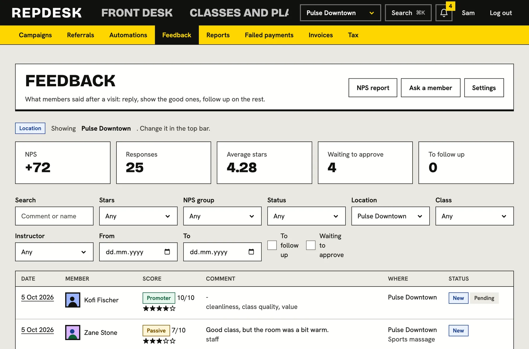 Reviews and NPS screen