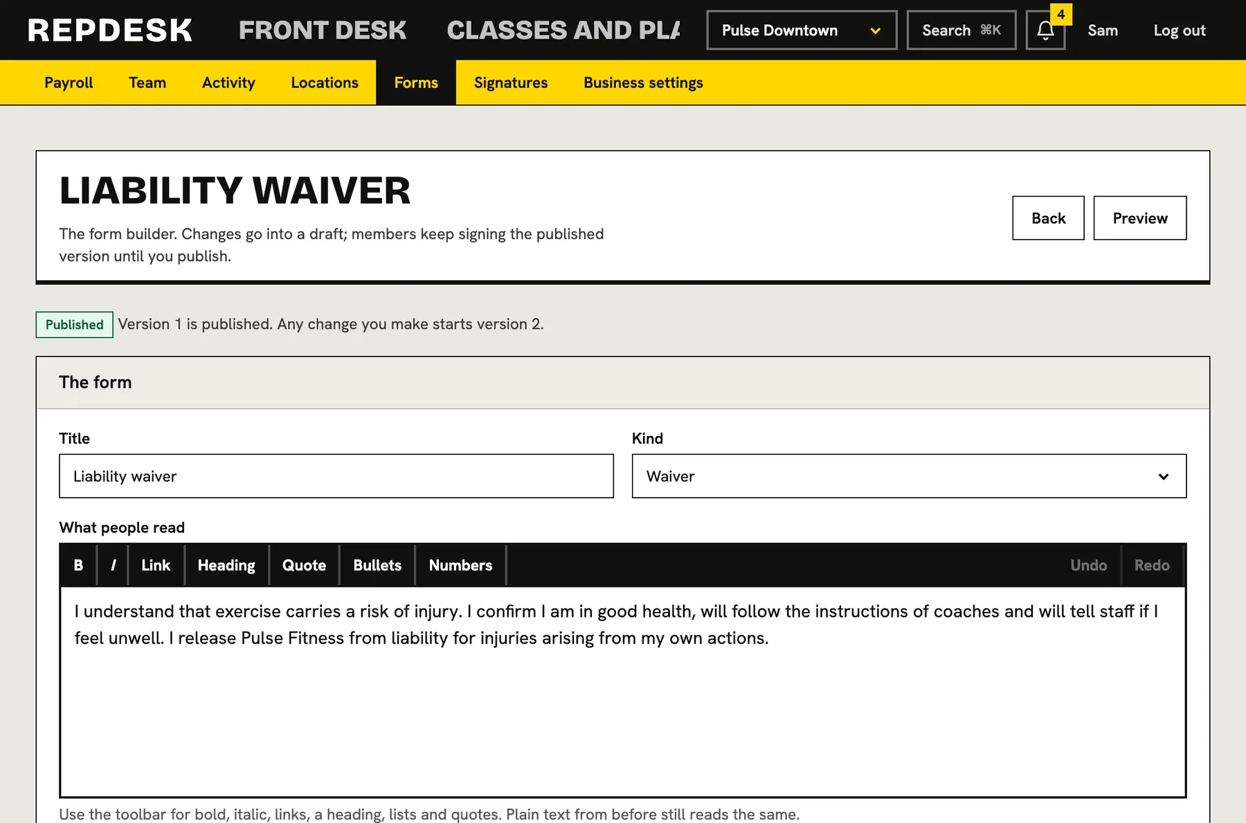 Waivers and forms screen