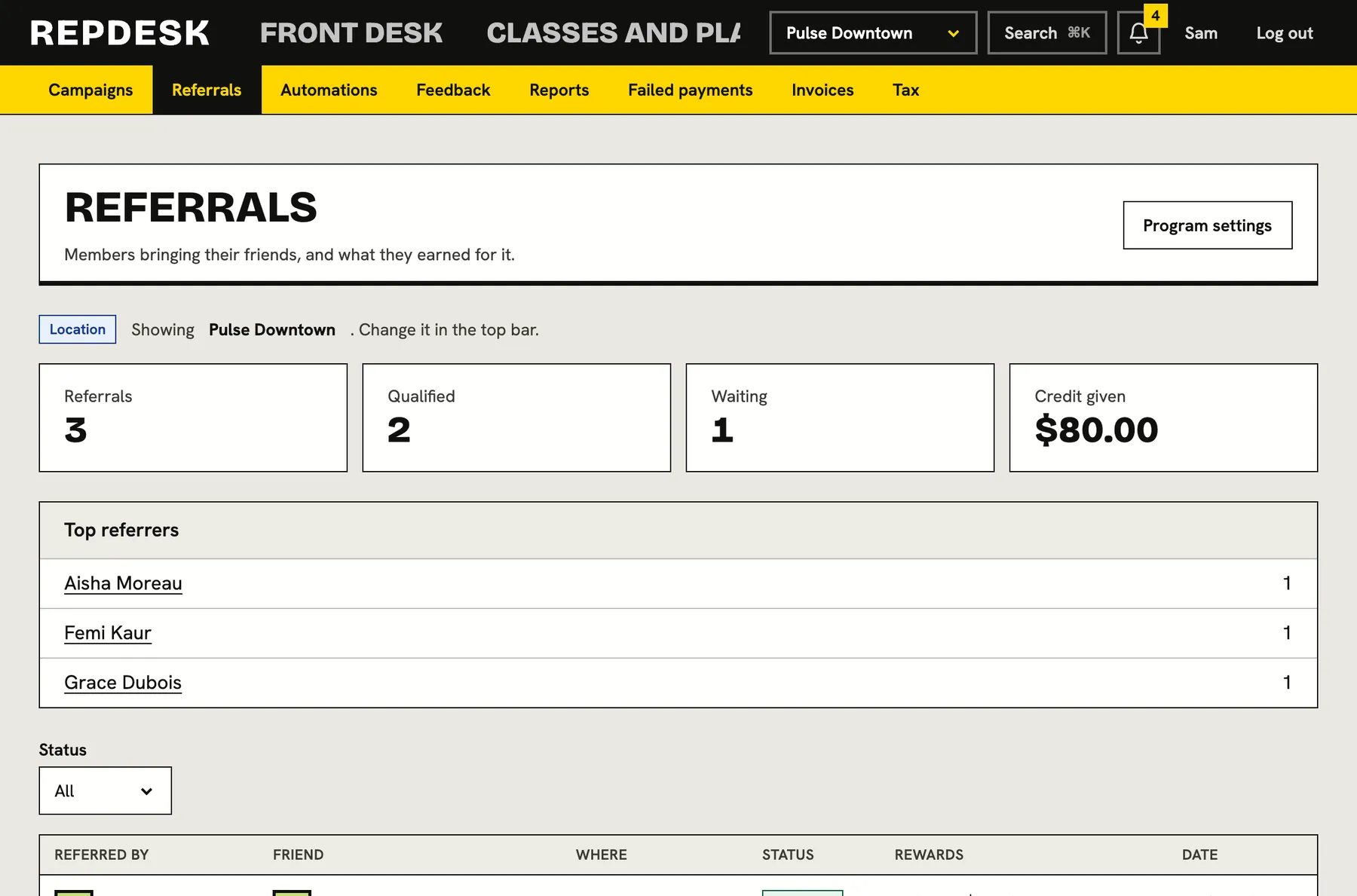 Referrals screen